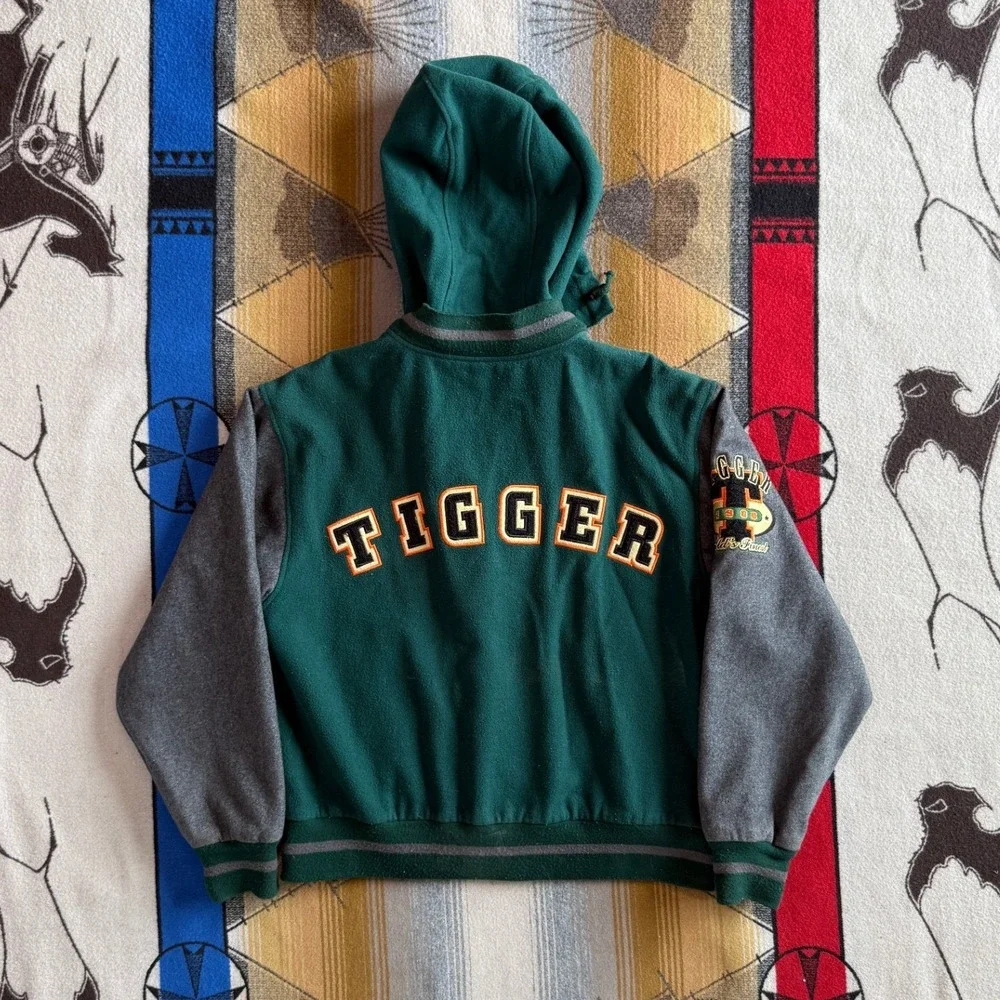 Vintage Disney Store Tigger Varsity Jacket Green Wool Blend Hooded Bomber Mens M - Picture 2 of 12
